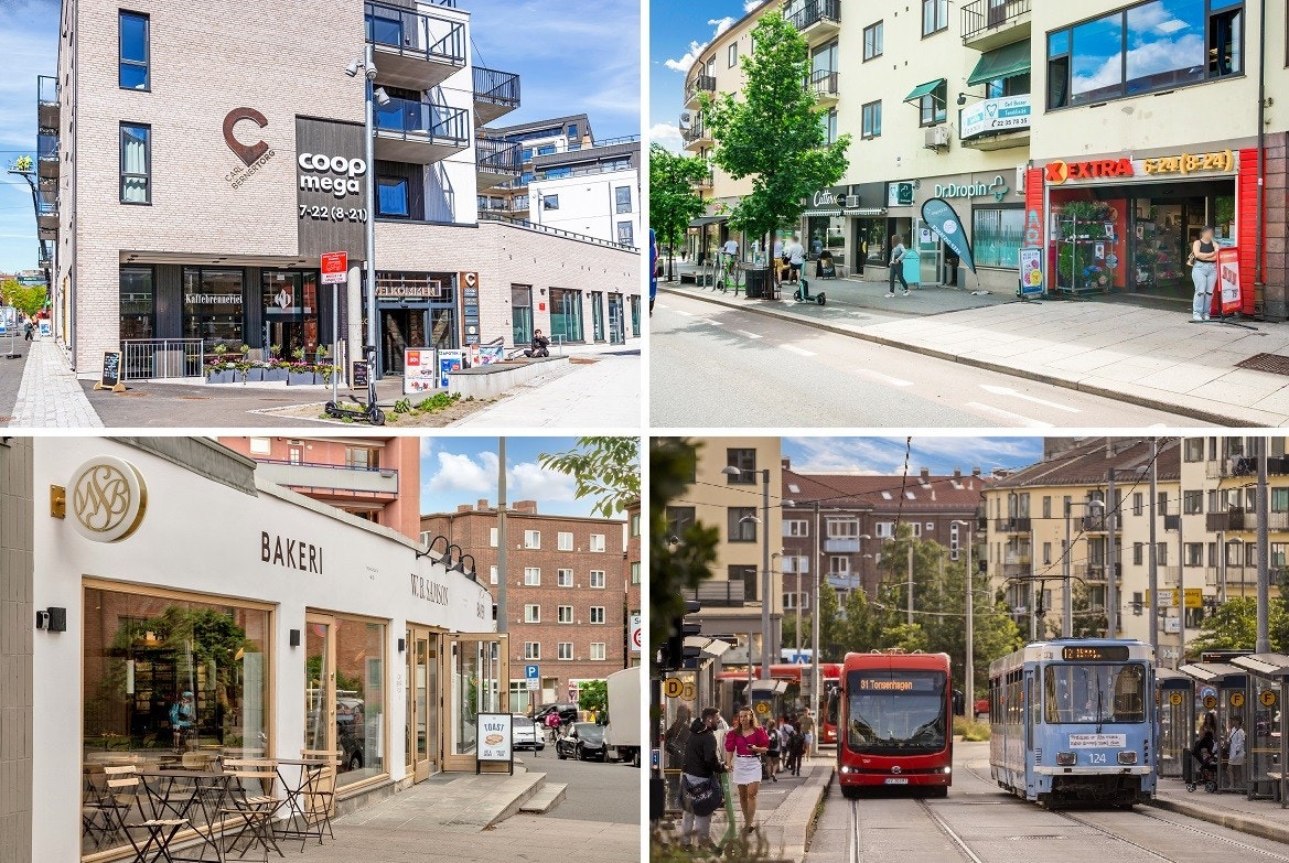 Lenger ned ligger Carl Berner krysset med flere butikker, servicefasiliteter og alt av offentlig kommunikasjon (buss, flybuss, trikk og T-bane). Galleribilde