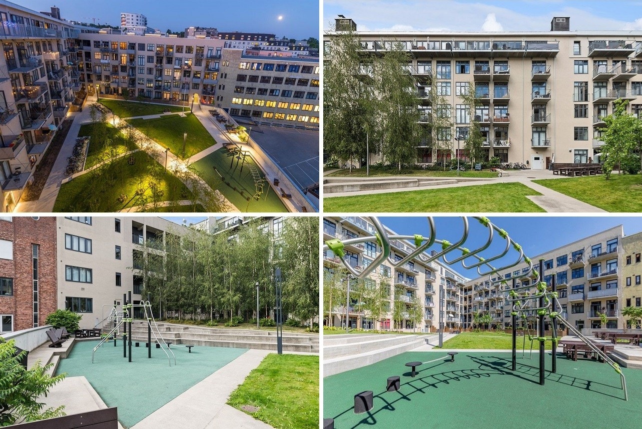 Parkmessig opparbeidet felles bakgård med plen, beplantning, belysning, sittegrupper og lekeapparater. Galleribilde