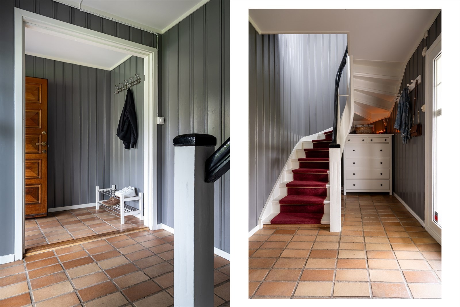 Leiligheten i 2. etasje har adkomst fra 1. etasje. I entréen er det plass til å sette av fra seg sko og henge fra seg jakker. Galleribilde