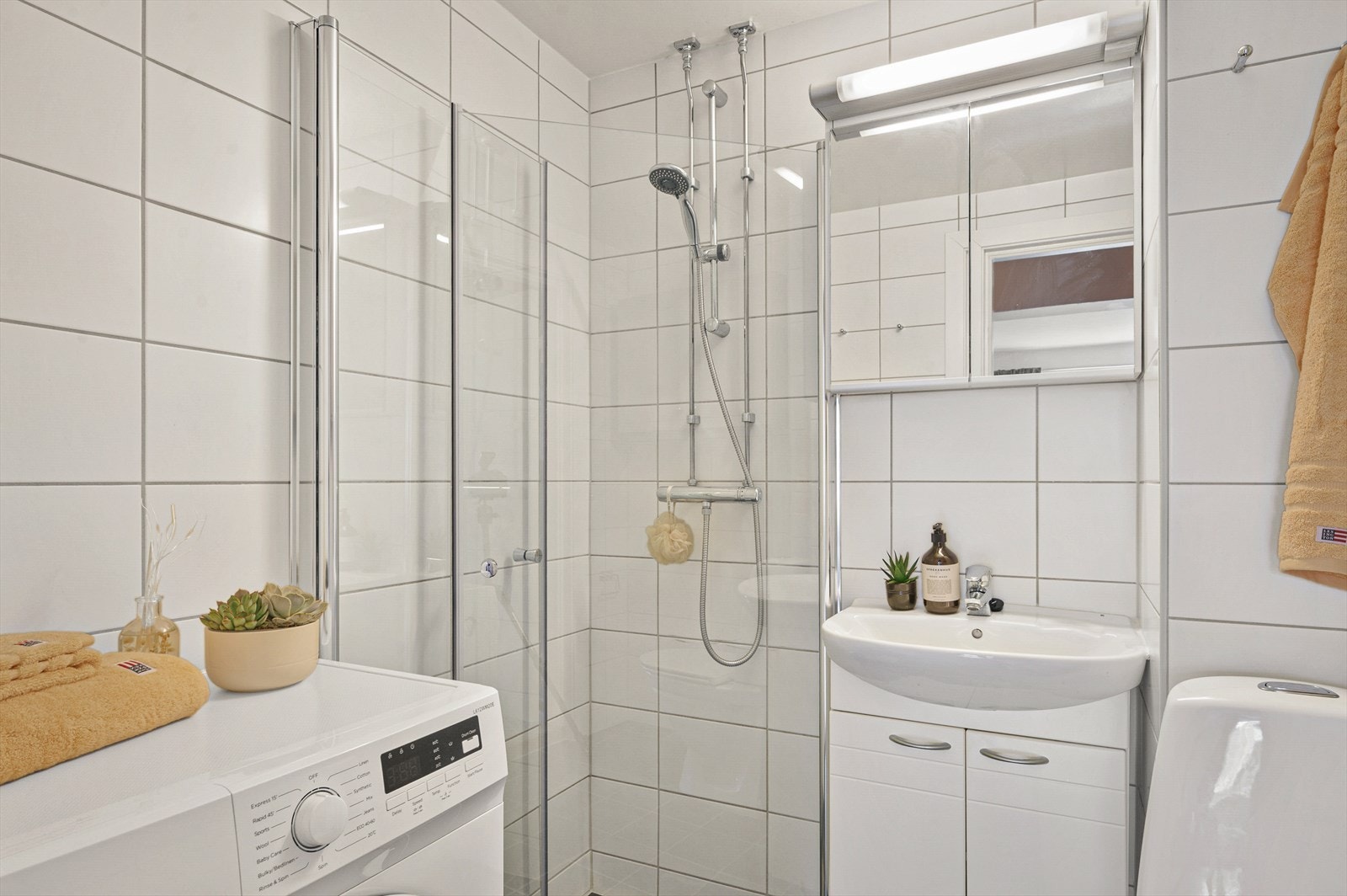 Badet ble pusset opp i regi av borettslaget i 2011. Det er eget opplegg til vaskemaskin, men også fellesvaskeri man kan benytte seg av i borettslaget. Galleribilde