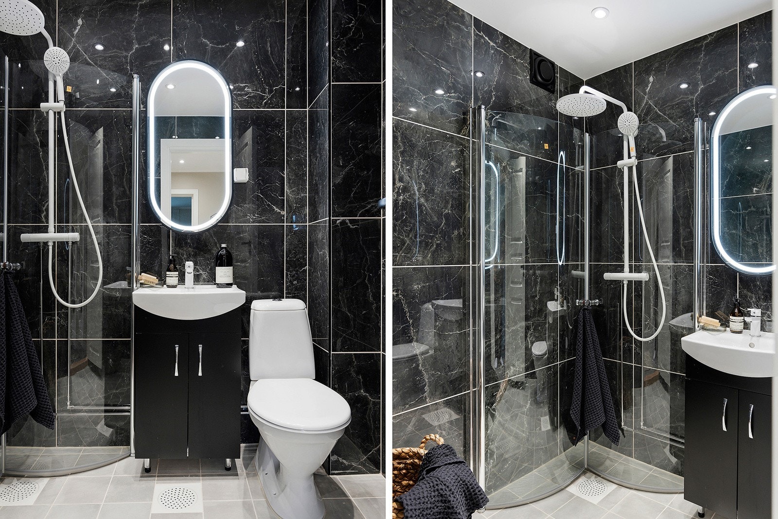 Badet består av wc, inn og utadslående dusjvegger, vegghengt servant og opplegg for vaskemaskin. Galleribilde