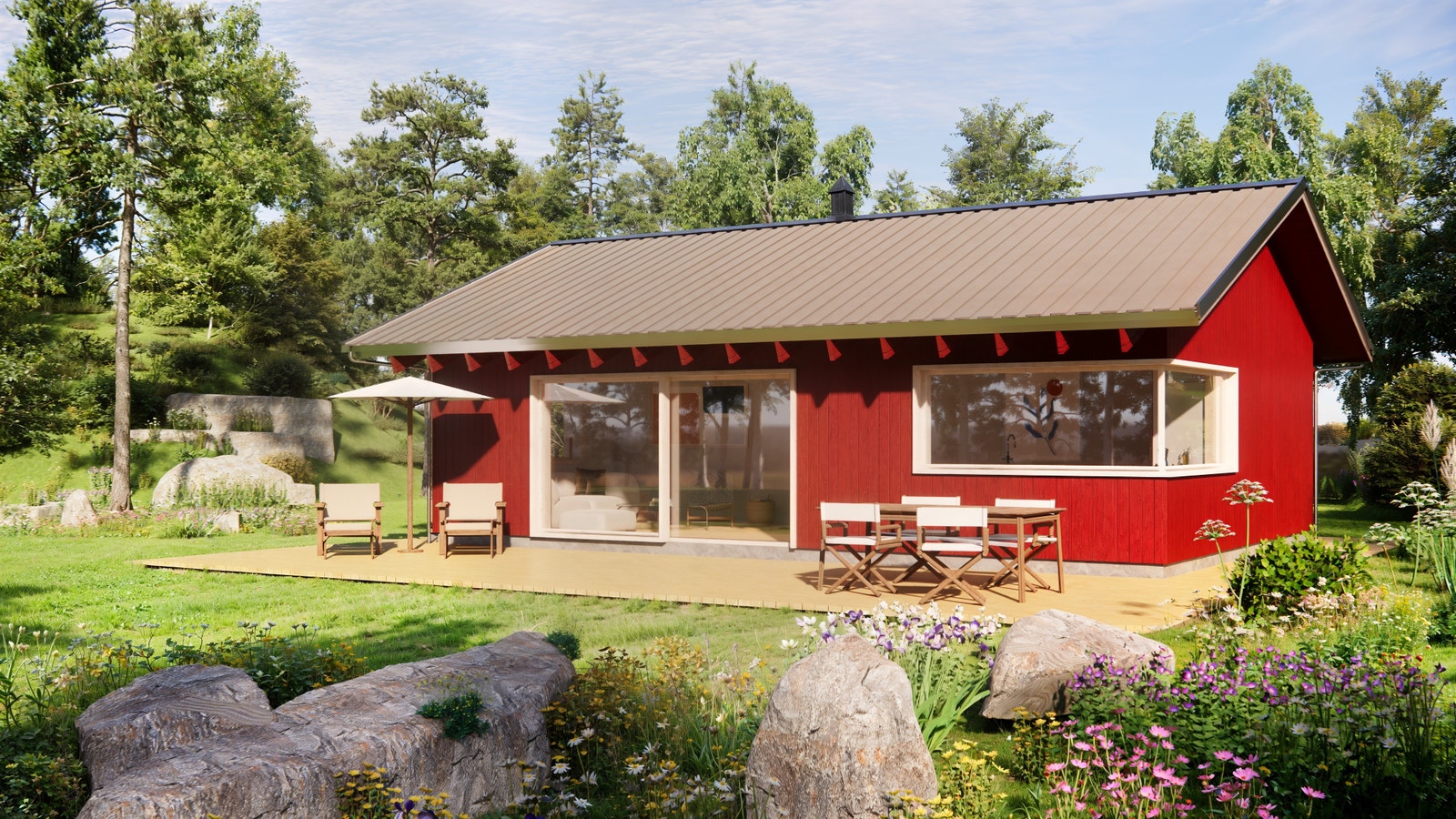 Vestvendt fasade med hyggelig terrasse for sene sommerkvelder Galleribilde