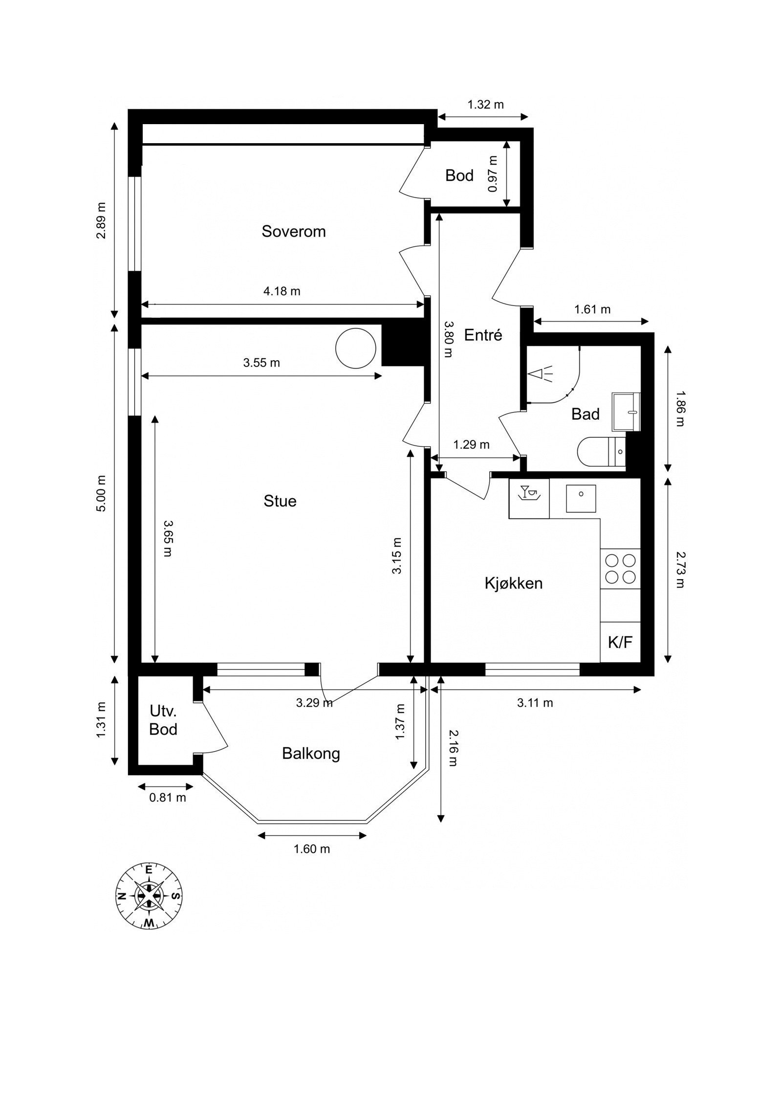 Planskisse. Leiligheten disponerer i tillegg loftsbod og 2 kjellerboder. Galleribilde