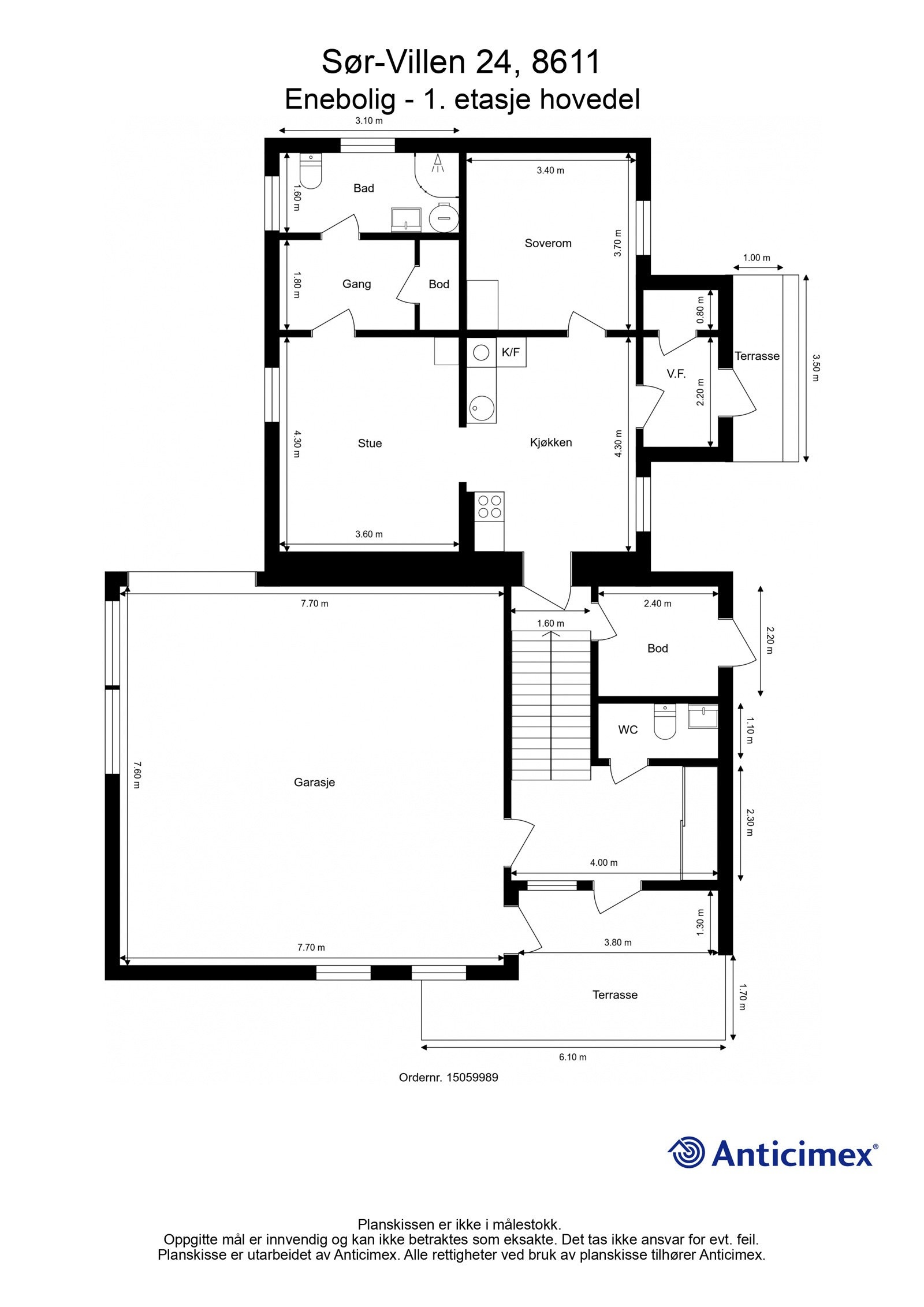 Plantegning av boligens 1. etasje, den er bestående av garasje, boligens entré - Videre har du en del som er fra det opprinnelige huset som var på tomten, den er innredet slik at man har mulighet for utleie Galleribilde