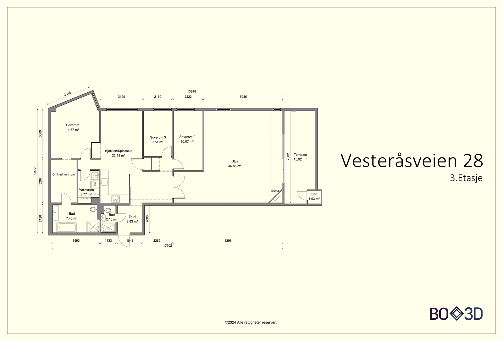 Plantegning. Leilighetens areal er beregnet med 3D-laserskanner fra Leica som gir en nøyaktighet innenfor 2% Galleribilde