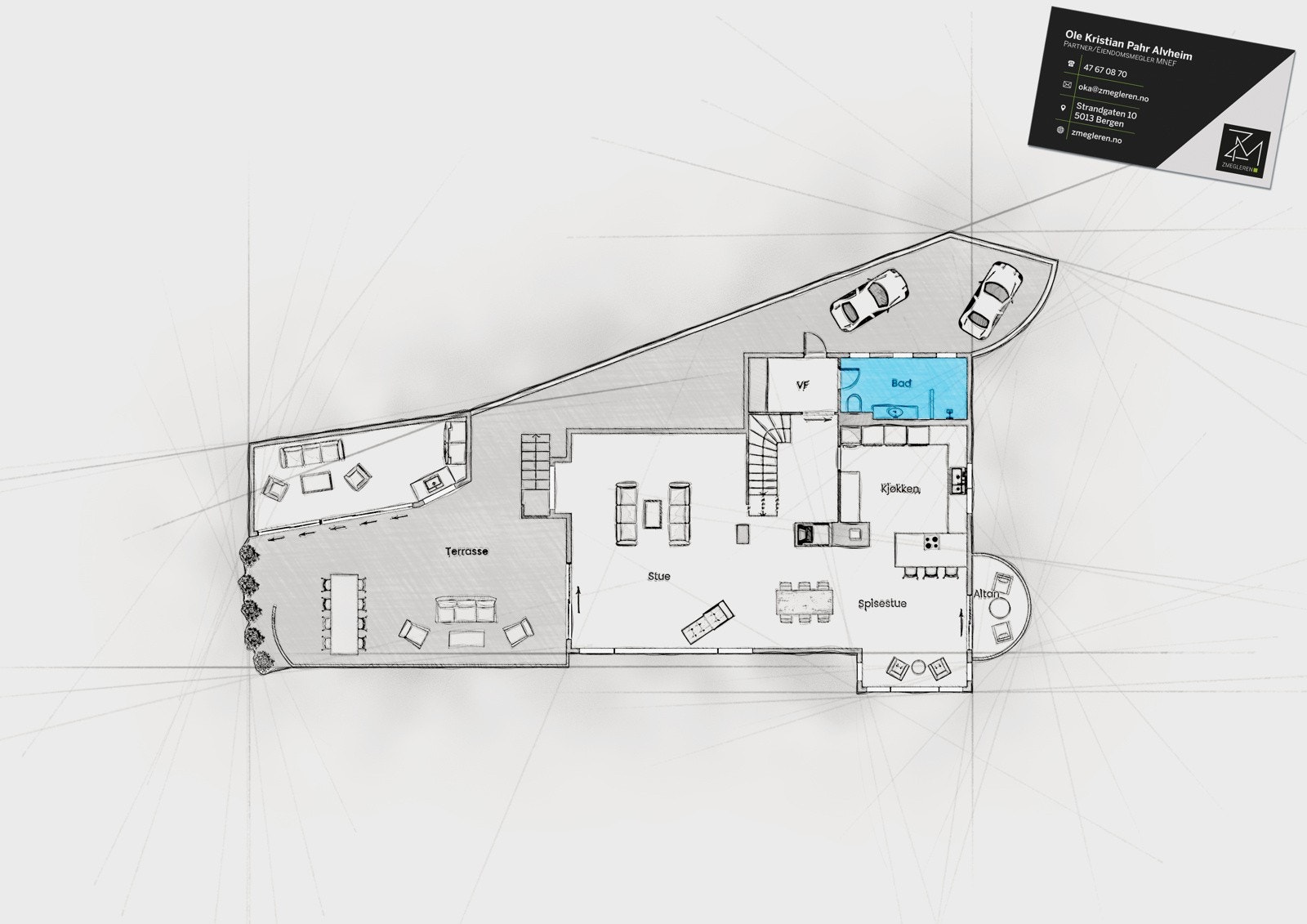 Entré (5,1 m²), Gang/trapperom (11,7m²), Bad (5,4 m²) og stue/kjøkken (76,4 m²). Nord/vestvendt terrasse på 51,5 m² med utestue 17 m². Sørvendt terrasse på ca 8,5 m². P-plass til 3 biler. (varmekabler på tunet) Garasje ombygget til bod. Galleribilde