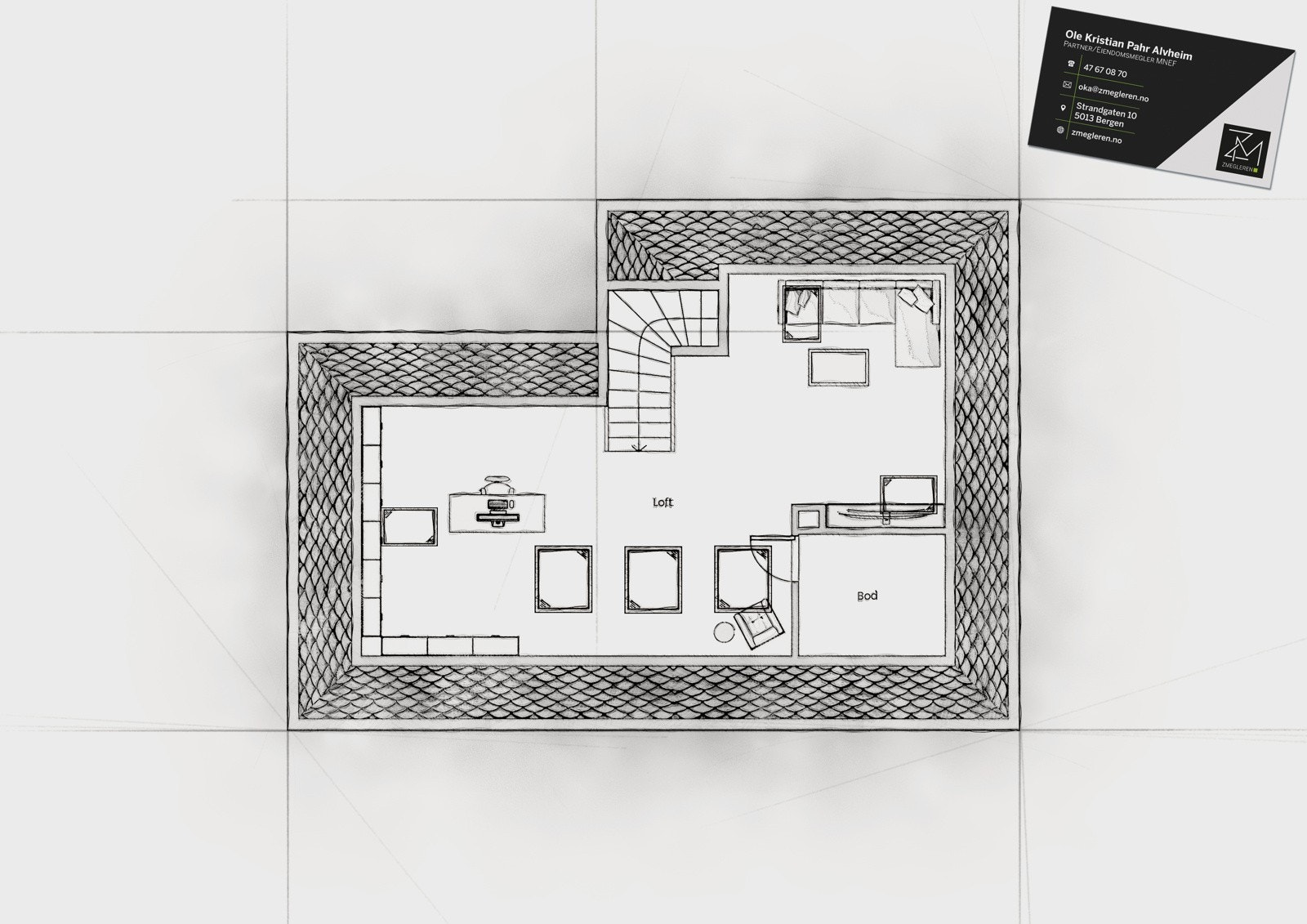 Loftstue (18,6 m²) og innvendig bod (ikke målbart pga takhøyde) Galleribilde