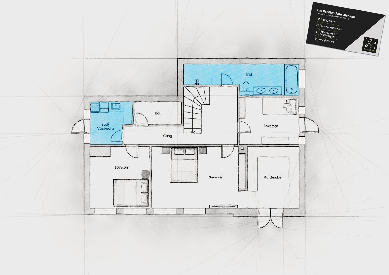 Gang/trapperom (14,2 m²), bad (9,6 m²), vaskerom (5,2 m²), soverom med omkledningsdel (29,6 m²), soverom 2 (11,7 m²), soverom 3 (8,8 m²) og bod/teknisk rom (2,8 m²) Galleribilde