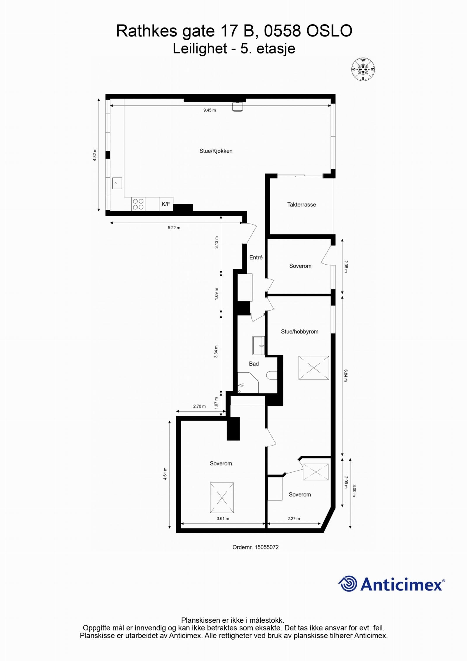 Dagens planløsning av leiligheten med kompass. Galleribilde