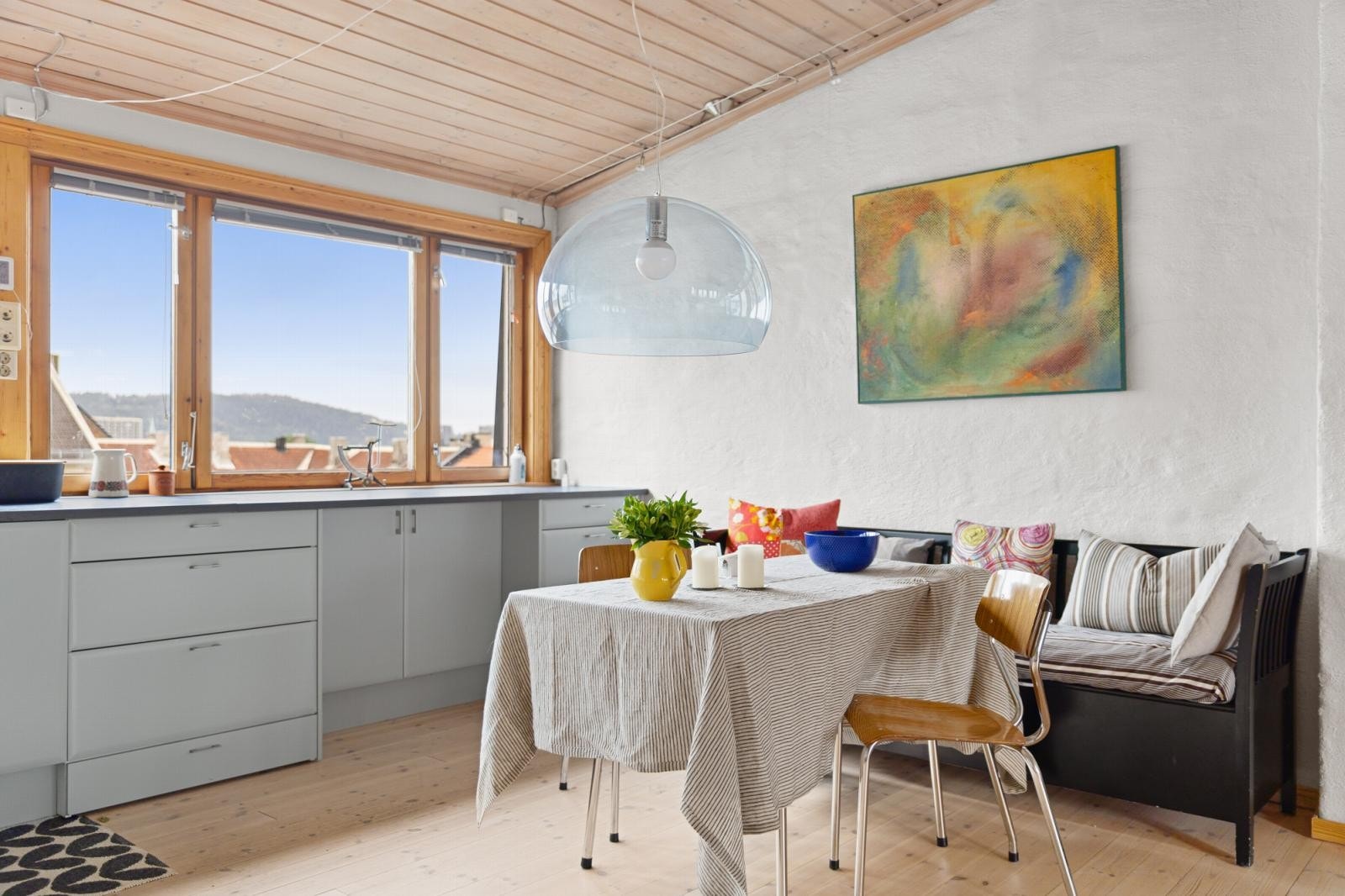 Gjennomgående loftsleilighet med flott potensiale. Både kjøkkenet og stuen er bygget ut, for god takhøyde i hele rommet. Galleribilde