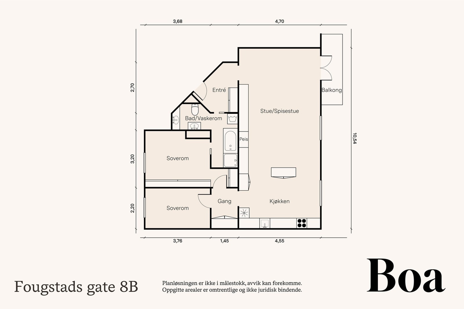 3. etasje: Entré/gang, mellomgang, bad/wc, kjøkken m/spiseplass, stue og 2 soverom.
Annet: 2 disponible kjellerboder på ca. 2,3 kvm og 4,5 kvm, og en loftsbod med gulvareal på ca. 6,4 kvm. Galleribilde
