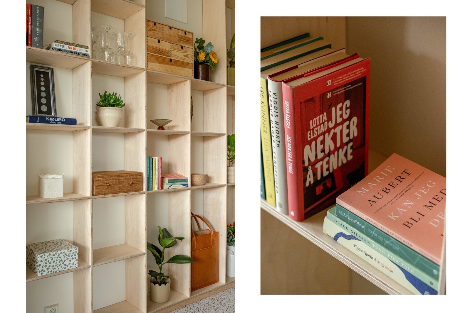 Her er det også plassbyggede hyller i nydelig bjørk. Med bøker både for de som er enkle og litt mer innviklet. Galleribilde