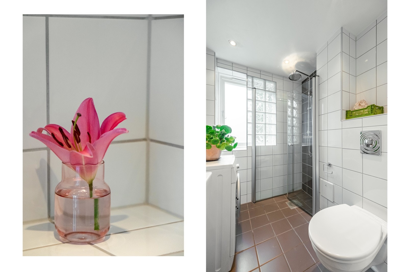 Vinduet på badet er en skikkelig luksus, både med frisk luft og godt lysinnslipp. Ellers er badet bestående av dusjhjørne, vegghengt wc, servant med underskap og plass til vaskemaskin. Galleribilde