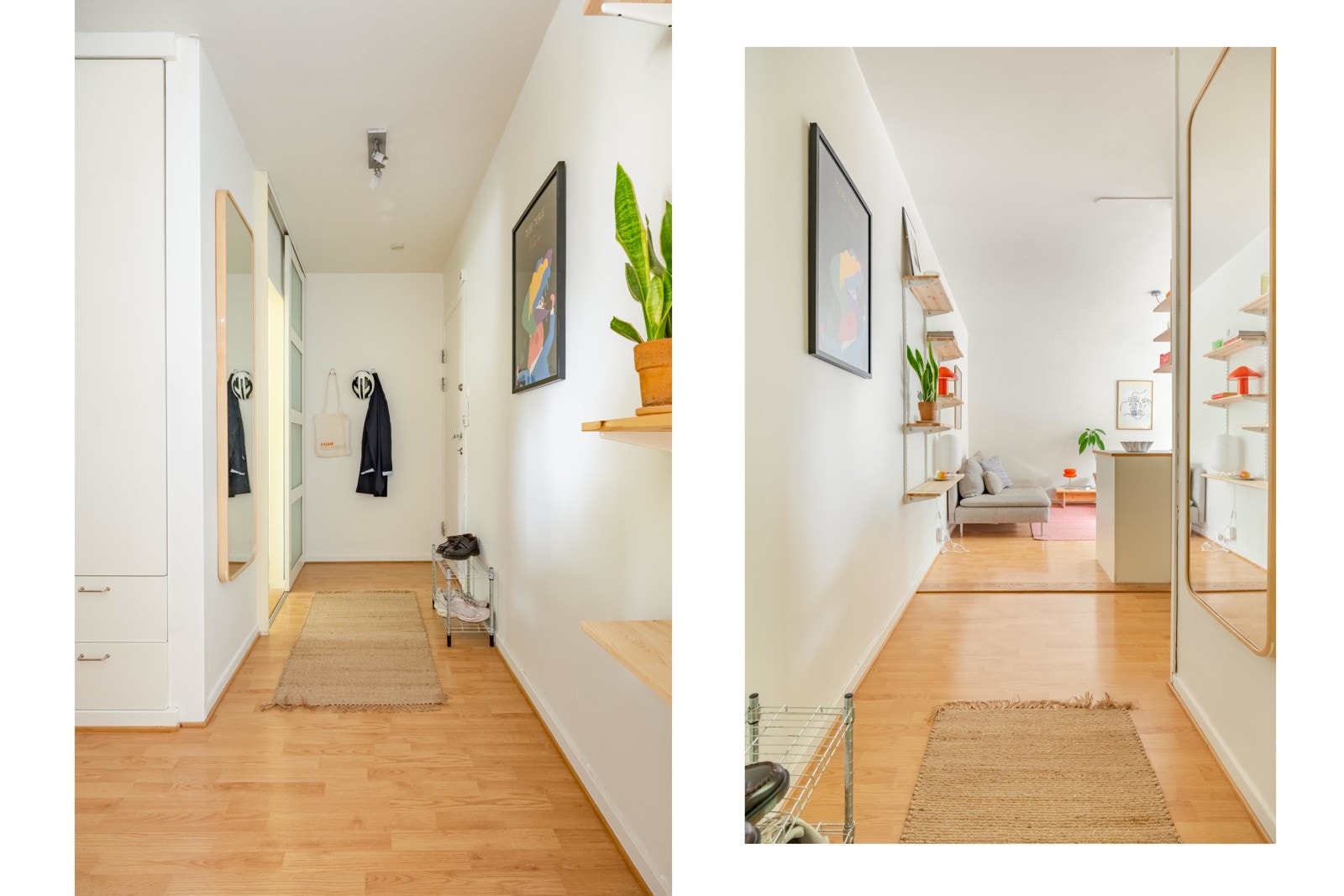 Velkommen hjem! Entréen er lys og innbydende, med plass til å plassere sko og yttertøy. Galleribilde