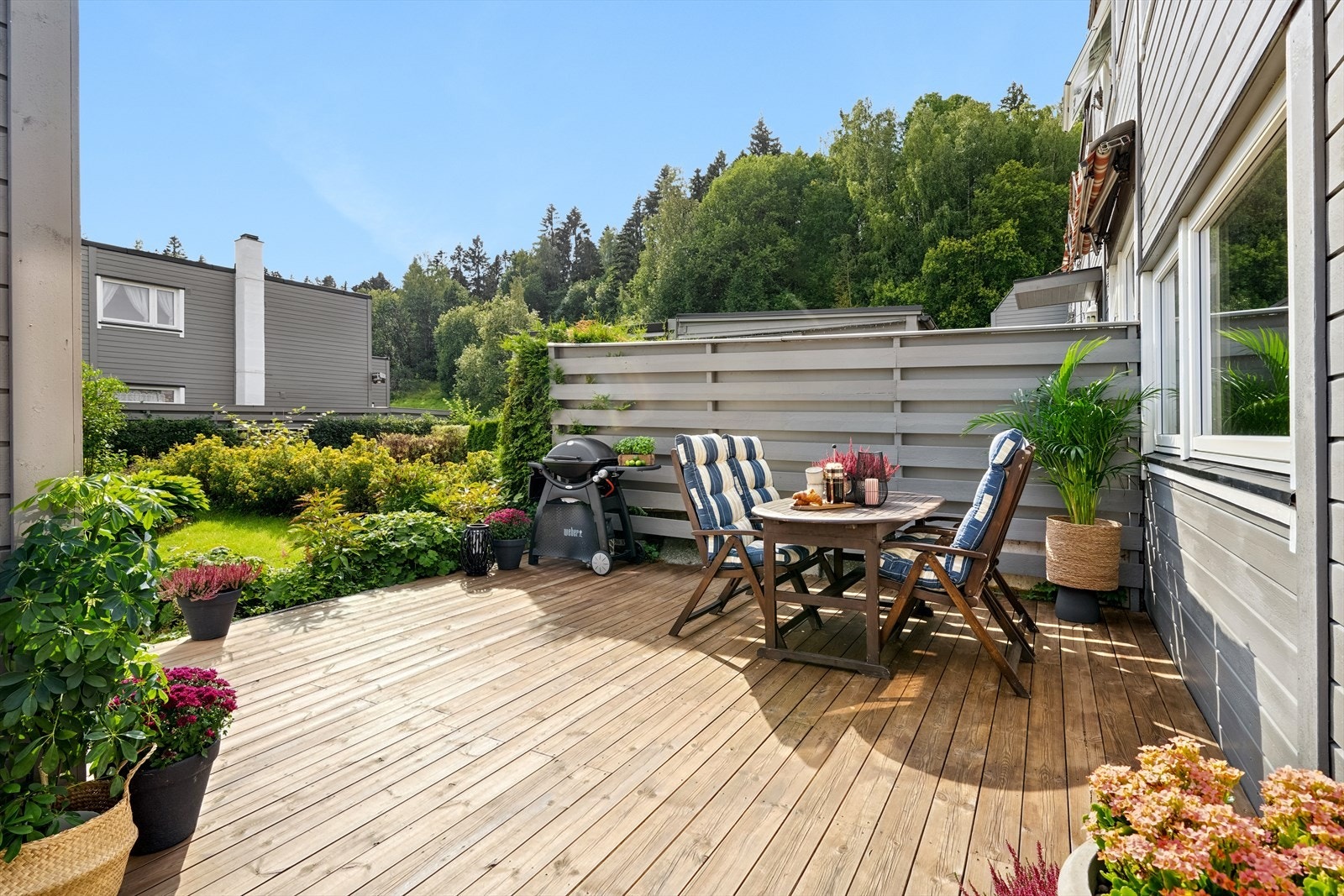 En frodig, solrik og koselig hage og terrasse. Galleribilde