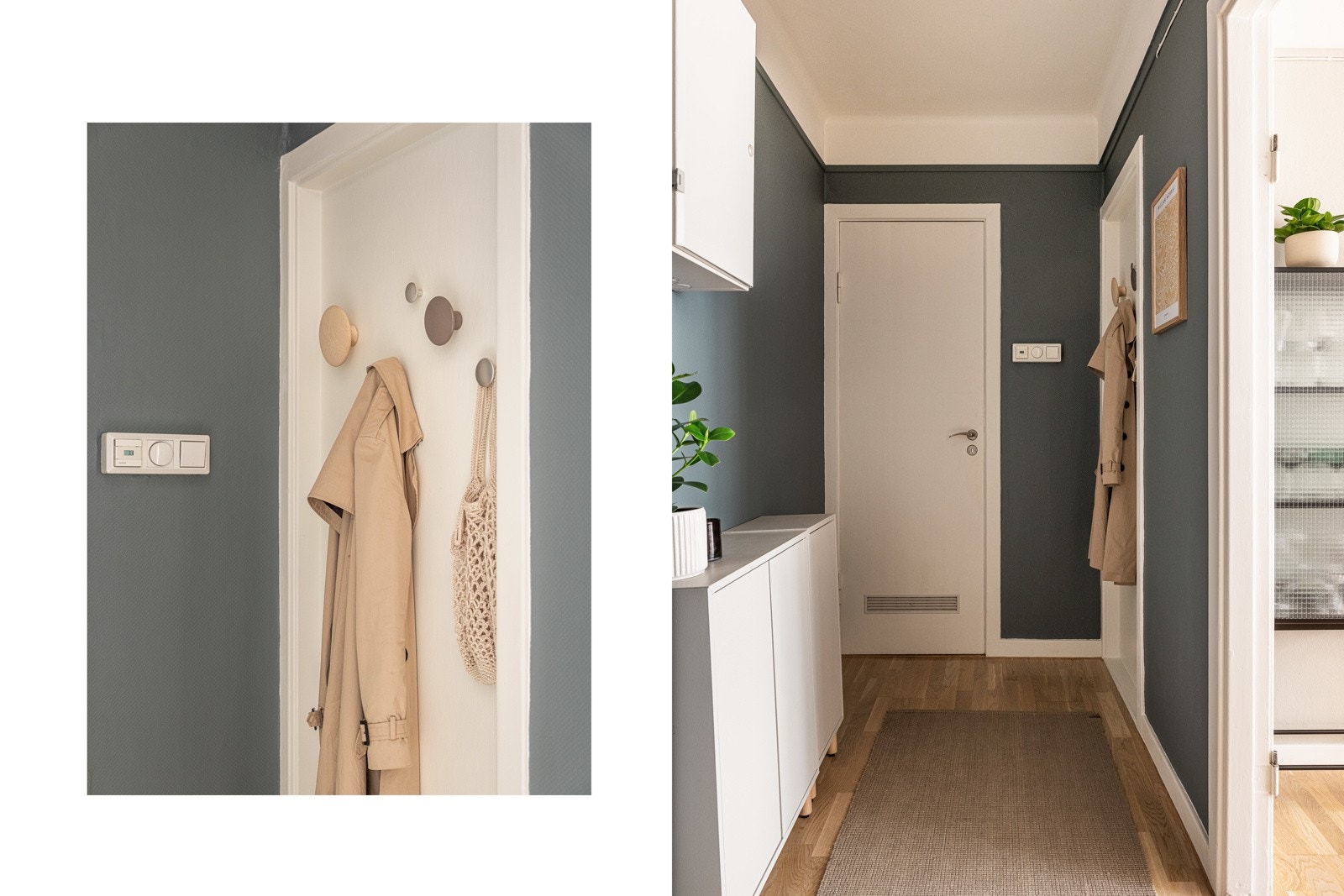 I entreen er det praktiske opphengsmuligheter og plass til sko i skohylle. Galleribilde