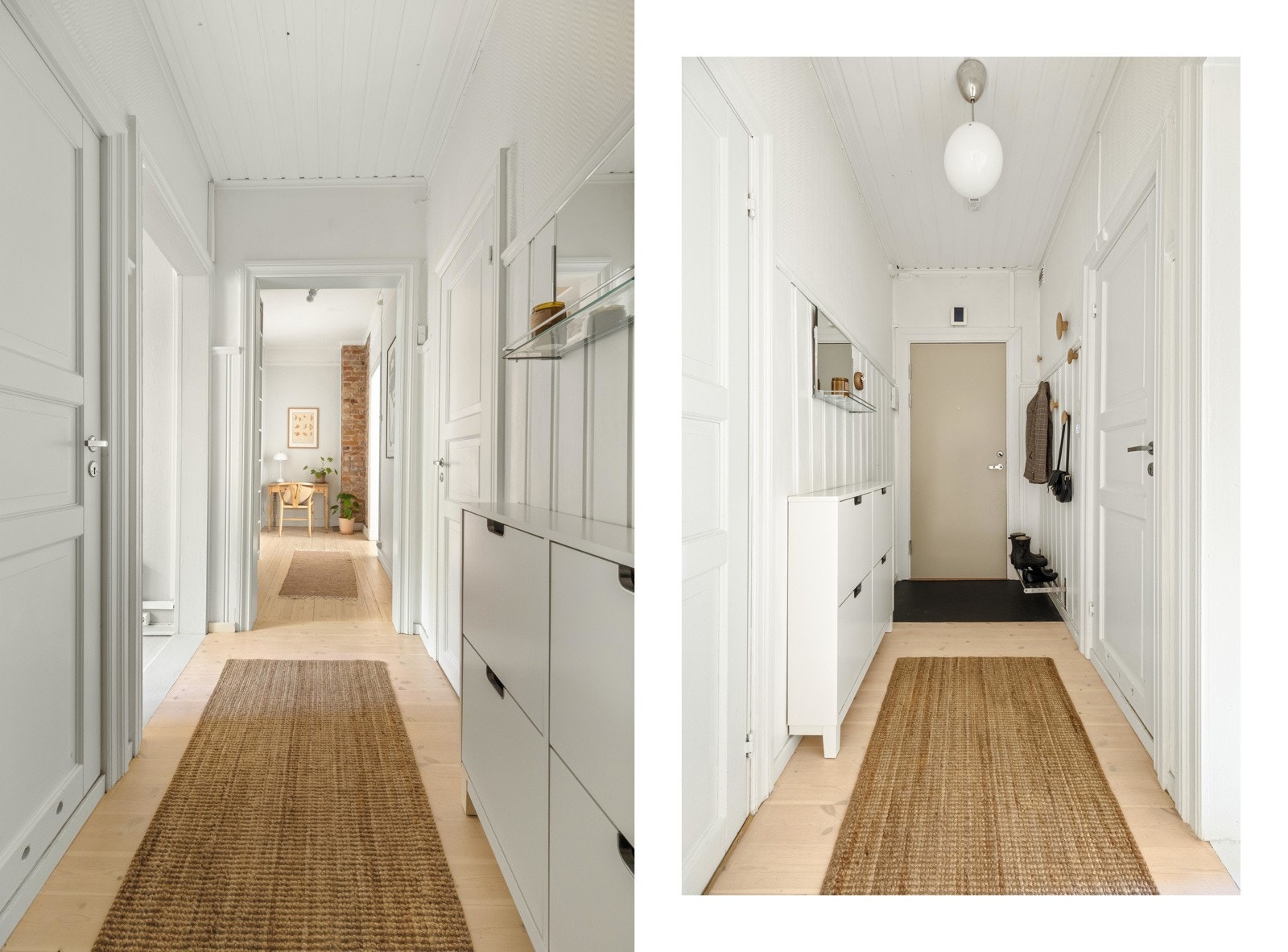 Entreen er av fin størrelse, med plass til oppheng av yttertøy og lagring av sko i skoskap. Det er også fliser ved døren, som kommer godt med i vinterhalvåret. Galleribilde
