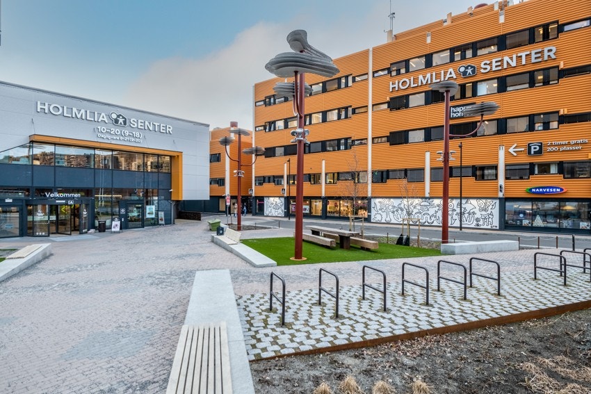 Nye Holmlia senter åpnet i november 2021. Her er det 34 butikker, flere spisesteder, apotek, Vinmonopolet, blomsterbutikk, frisører, bokhandel mm. Galleribilde