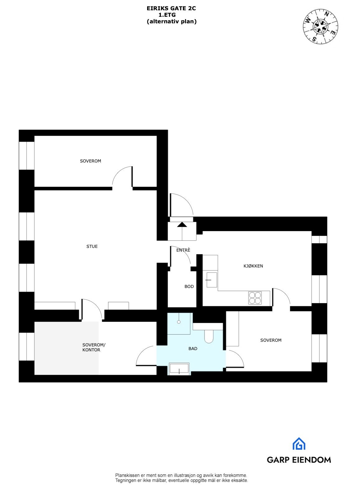 Alternativ planløsning med 3soverom. Galleribilde