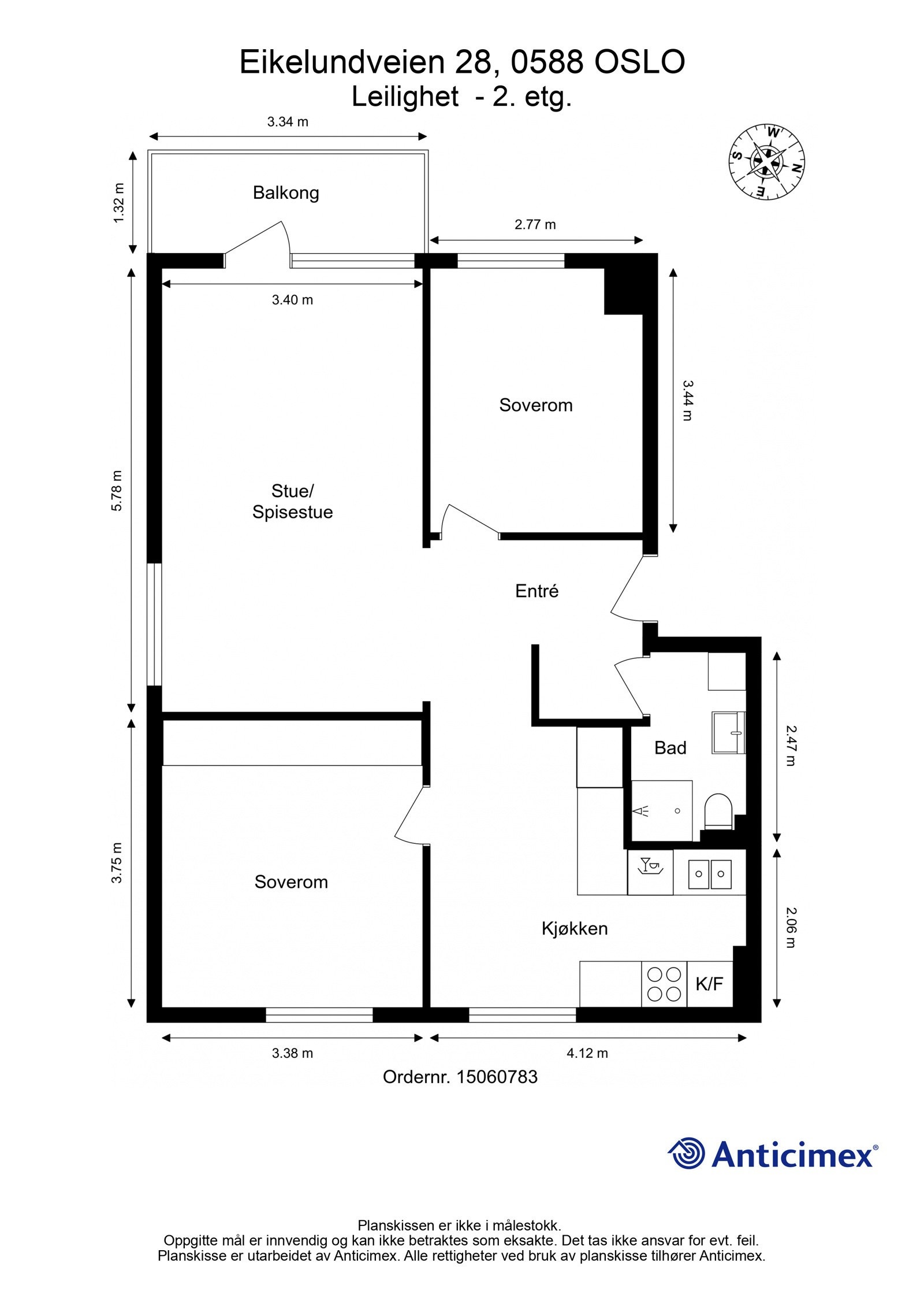 Plantegning. I tillegg disponerer leiligheten en kjellerbod på ca. 3m², samt en loftsbod med gulvareal på ca. 10m². Galleribilde