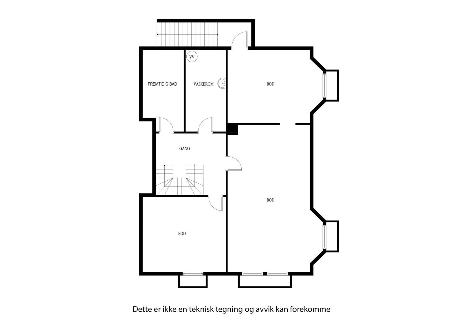 Planløsning for kjelleretasjen (boder til høyre er tiltenkt fremtidig hybel/oppholdsrom og alt teknisk er lagt klart) Galleribilde