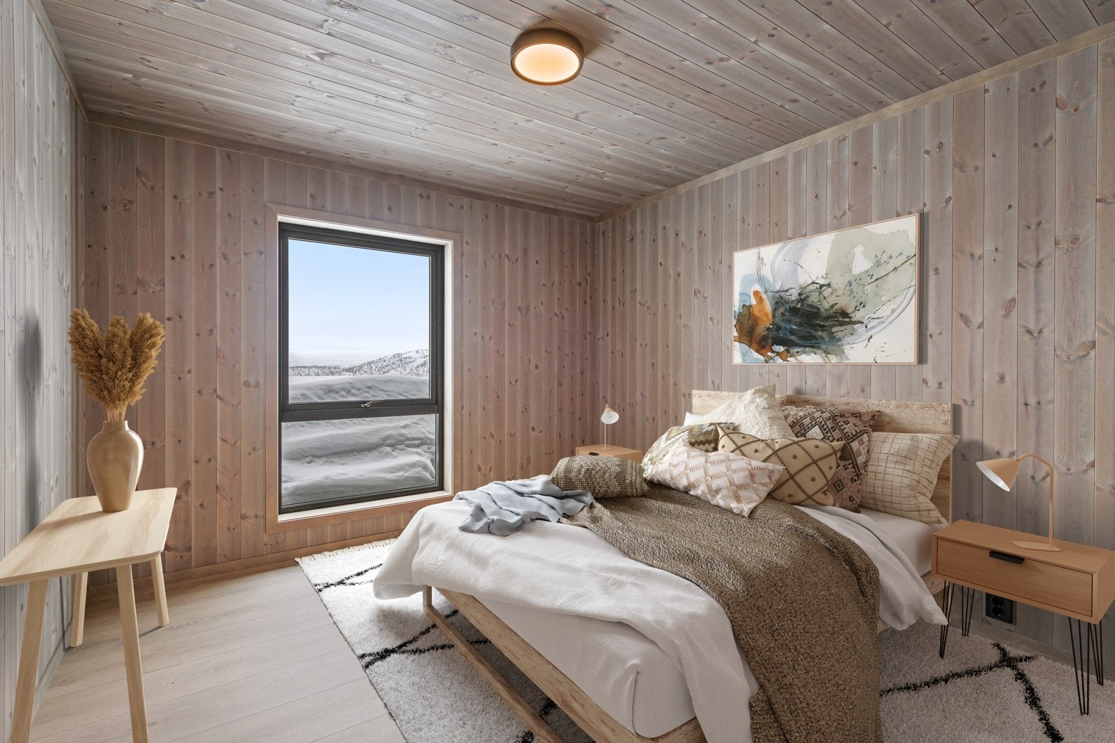 Delikate materialvalg som gir et moderne, men likevel lunt uttrykk. Bilde fra tidligere oppført hytte Galleribilde