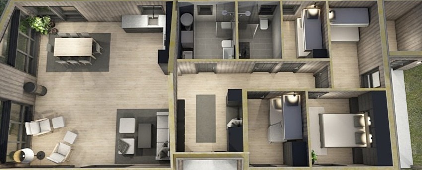 Planløsning. Hyttene har bod med inngang fra terrasse, for oppbevaring av turutstyr mv. Galleribilde