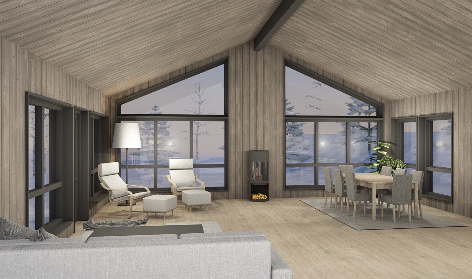 Åpen stue- og kjøkkenløsning med røstet himling og store vindusflater. Hyttene får terrassedør i glass fra stue Galleribilde