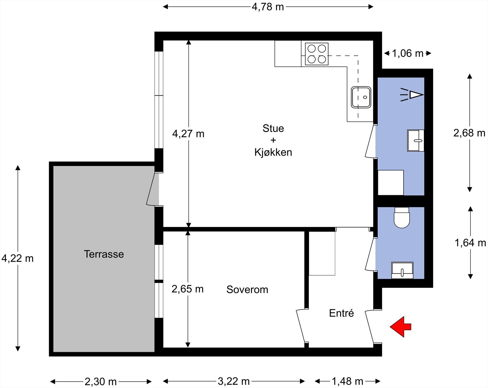 Plantegning fra takstmann. Leiligheten har en gjennomtenkt planløsning med entré, stue/kjøkken, terrasse, soverom, bad og toalettrom. I tillegg følger det en bod for lagring. Galleribilde