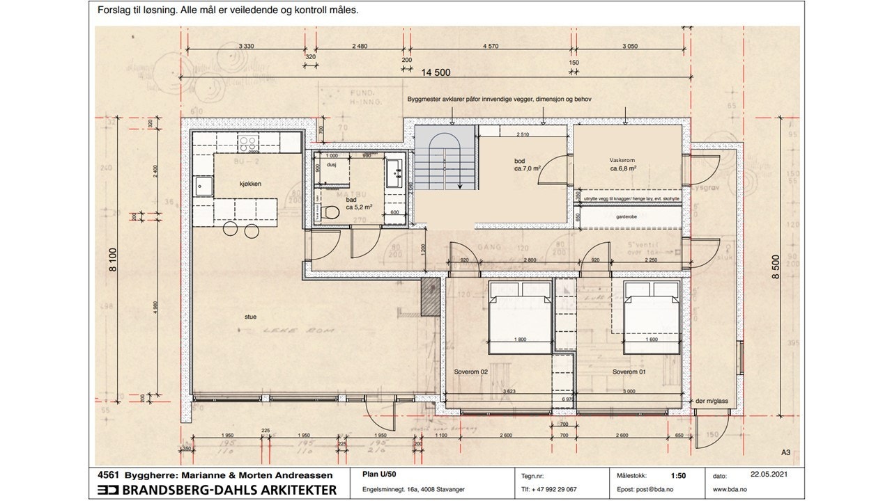 Alternativ plantegning underetasje ved å sette inn trapp imellom etasjene. Godkjenning av oppholdsrom i underetasjen betinger direkte adkomst imellom etasjene. Galleribilde