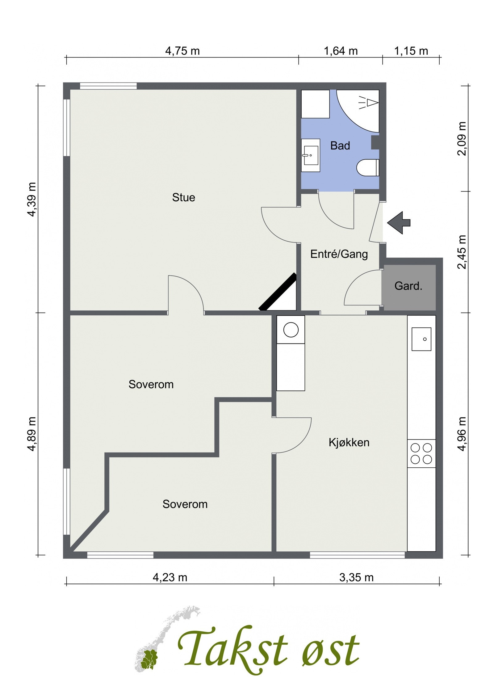 Her er leilighetens planskisse, slik at du får orientert deg litt - avvik kan forekomme. Galleribilde