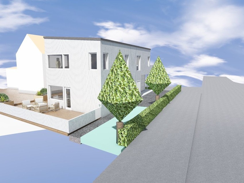 Illustrasjonstegning Søbstadvegen 58 A fra sørøst. Galleribilde