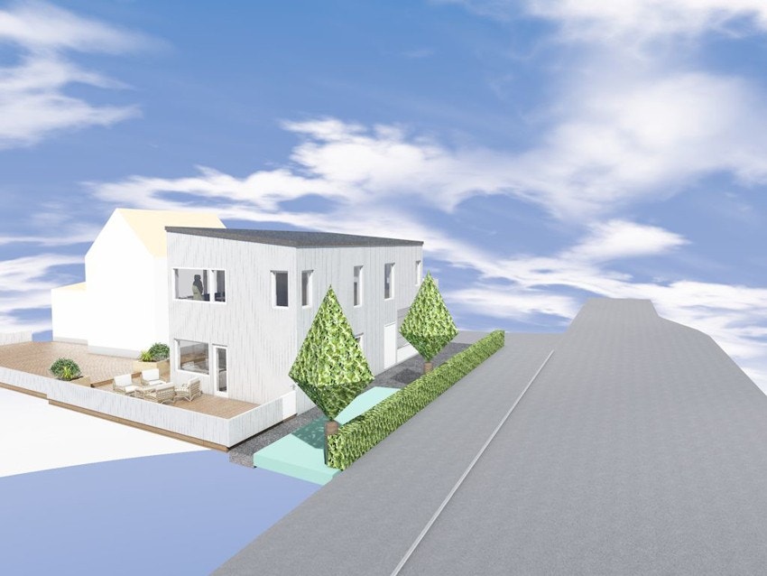 Illustrasjonstegning Søbstadvegen 58 A fra sørøst. Galleribilde