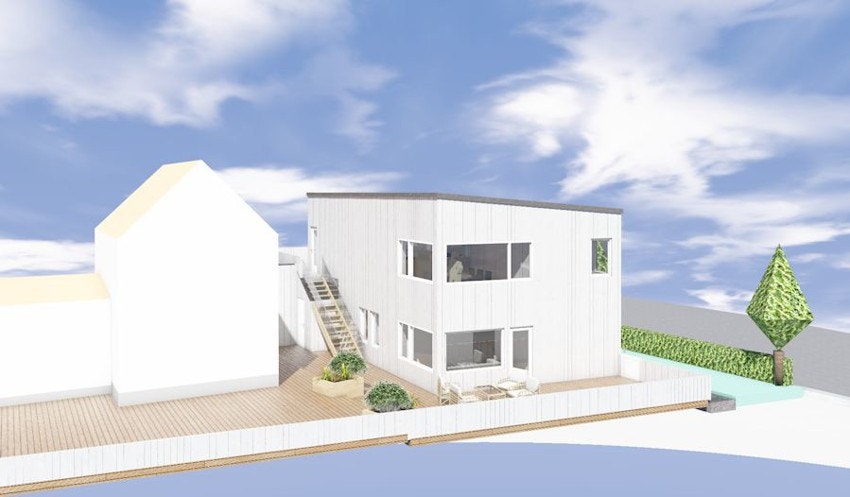 Illustrasjonstegning Søbstadvegen 58 A fra sørvest. Galleribilde