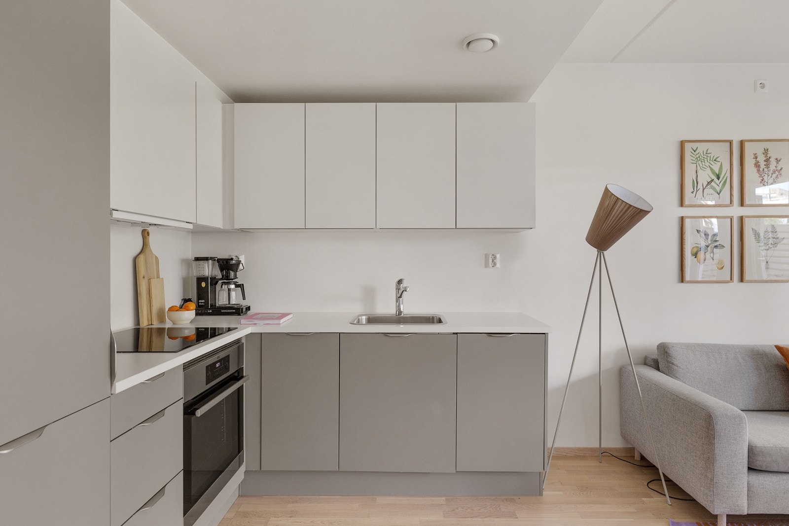 Praktisk med takhøye overskap med belysning under og integrert ventilator tilkoblet mekanisk avtrekk. Galleribilde