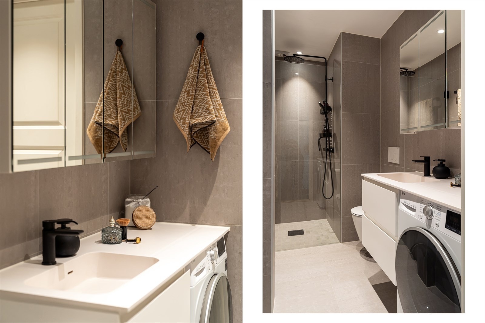 Badet som ble totalrenovert i 2020, har en tidløs stil med veggmontert toalett, servant med underskap, 2 doble speilskap og en dusjnisje med herdet glass. Galleribilde