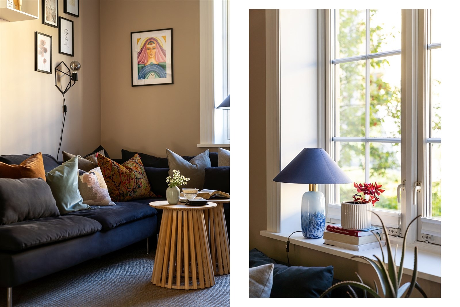 Store vindusflater slipper inn rikelig med naturlig lys, og peis/vedovn og lune fargetoner skaper en varm og innbydende hjemmefølelse. Galleribilde