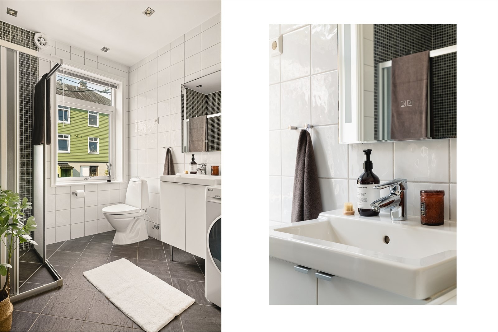 Tidløst baderom med flislagt gulv med gulvvarme. Galleribilde