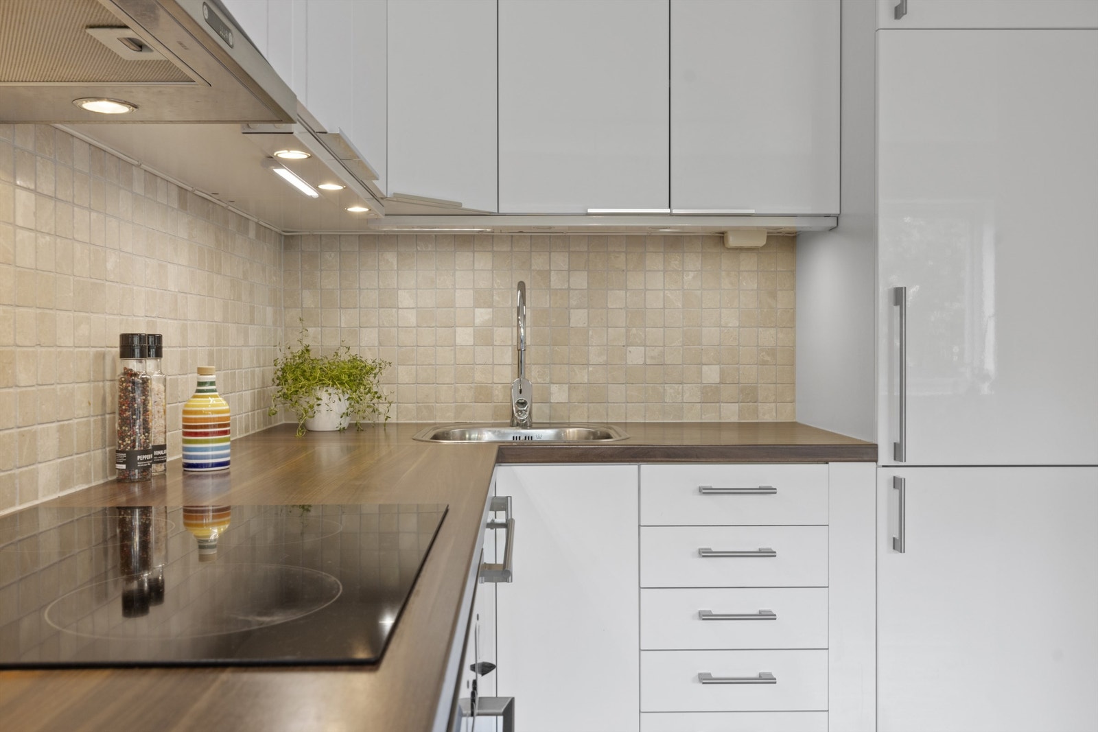 Integrert stekeovn, platetopp, oppvaskmaskin, kjøleskap med fryser og vegghengt ventilator Galleribilde