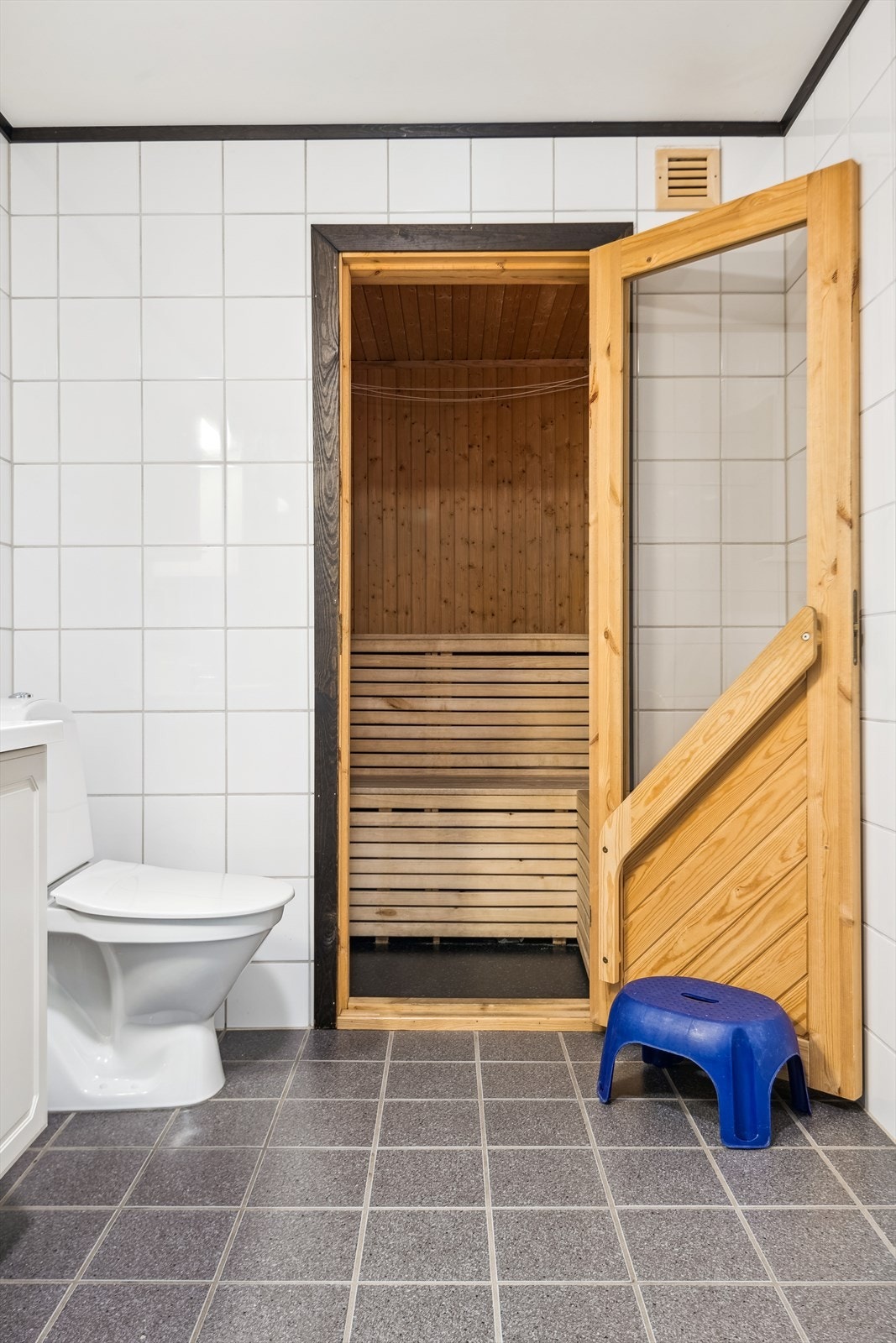 Badstue med elektrisk badstuovn - Varmtvannstank med kapasitet på 120 liter plassert under trebenken Galleribilde