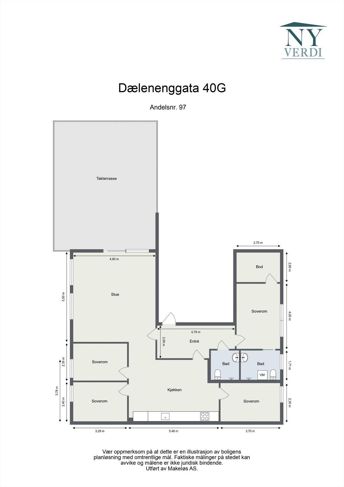 Plantegningen byr på bla. et sosialt kjøkken med spiseplass, stor stue med utgang til privat terrasse på 45 kvm., fire gode soverom, to bad og en bod, eller kanskje en walk-in-garderobe? I tillegg medfølger ekstern bod. Galleribilde