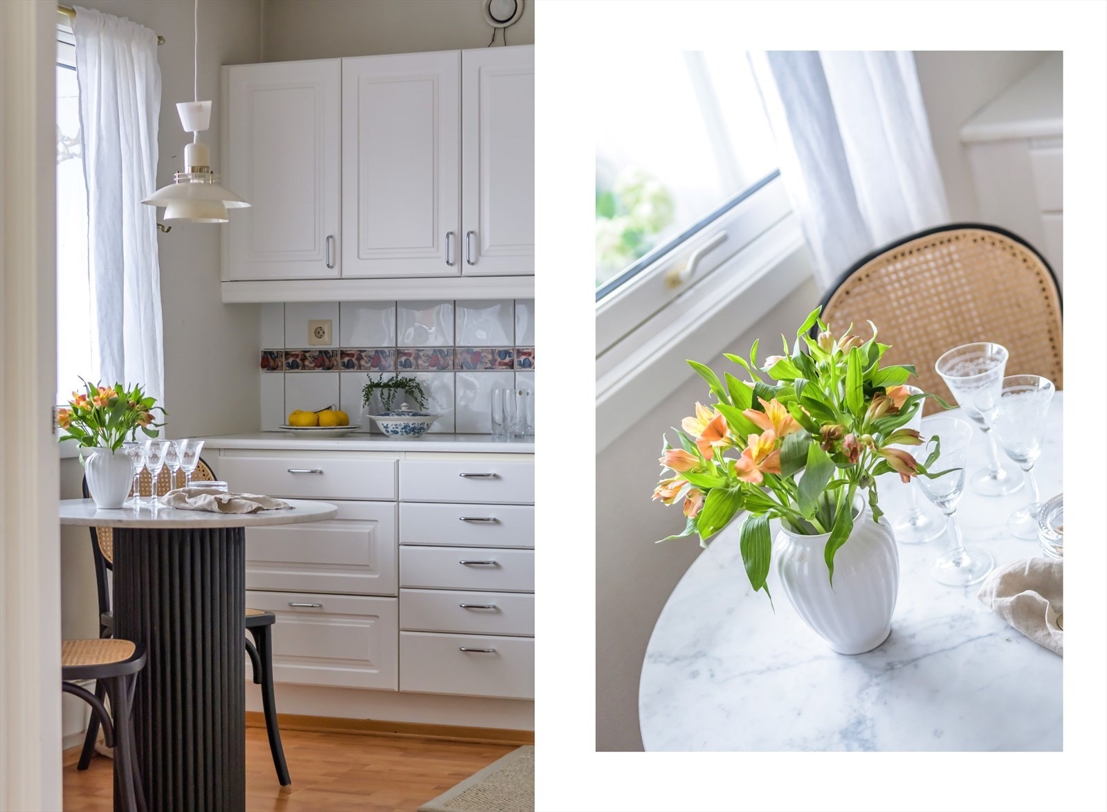 Fliser mellom overskap og laminert benkeplate, lys/lyslist under overskap. Stort vindu ut mot balkong og bakgård Galleribilde