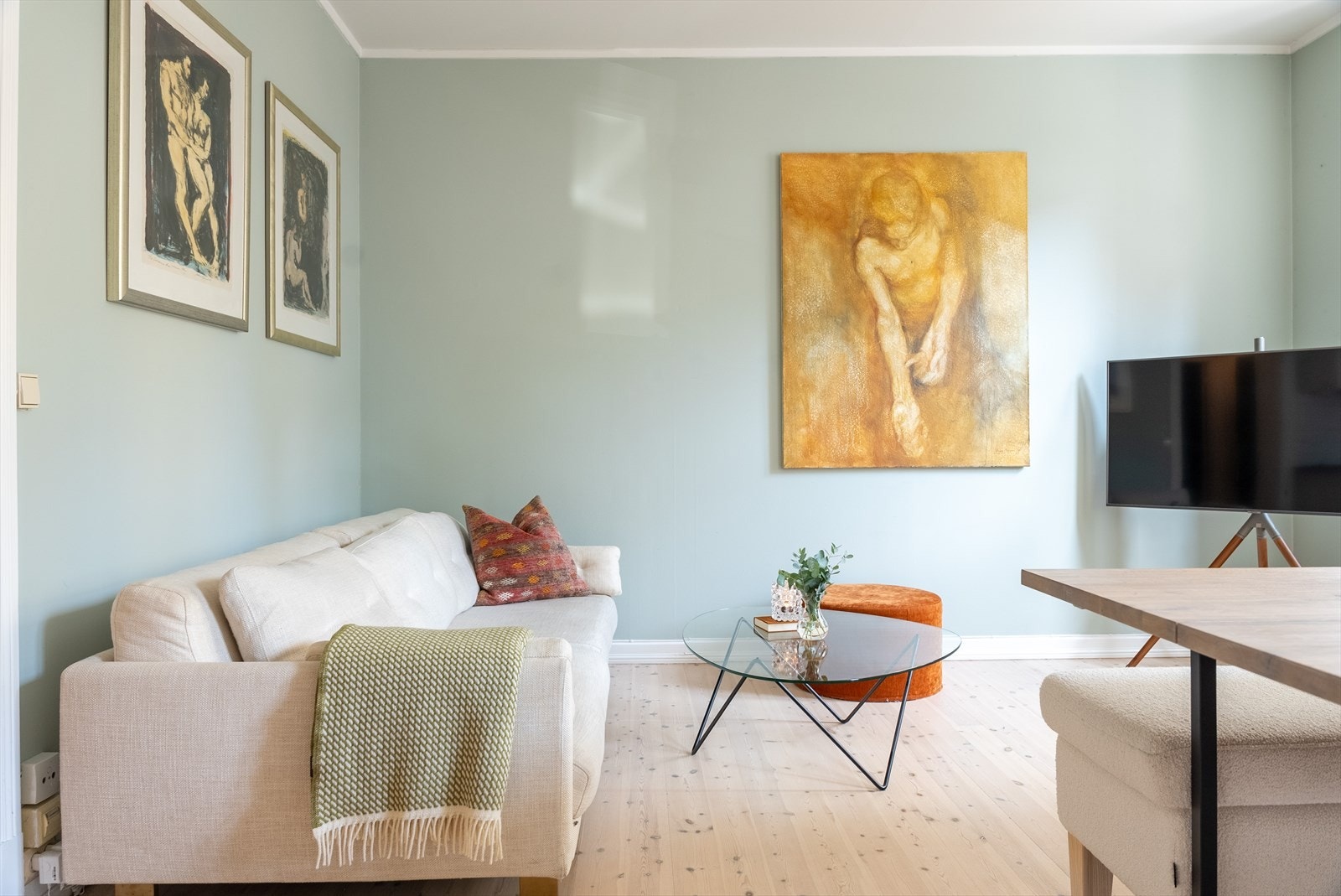 God plass til sofa, stuebord og TV. Galleribilde