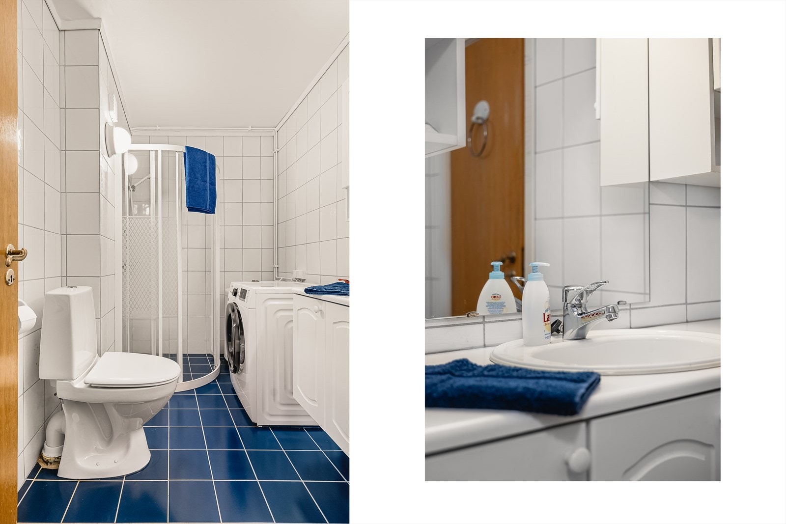 Badet er utstyrt med wc, vask og dusjhjørne og opplegg til vaskemaskin. Galleribilde