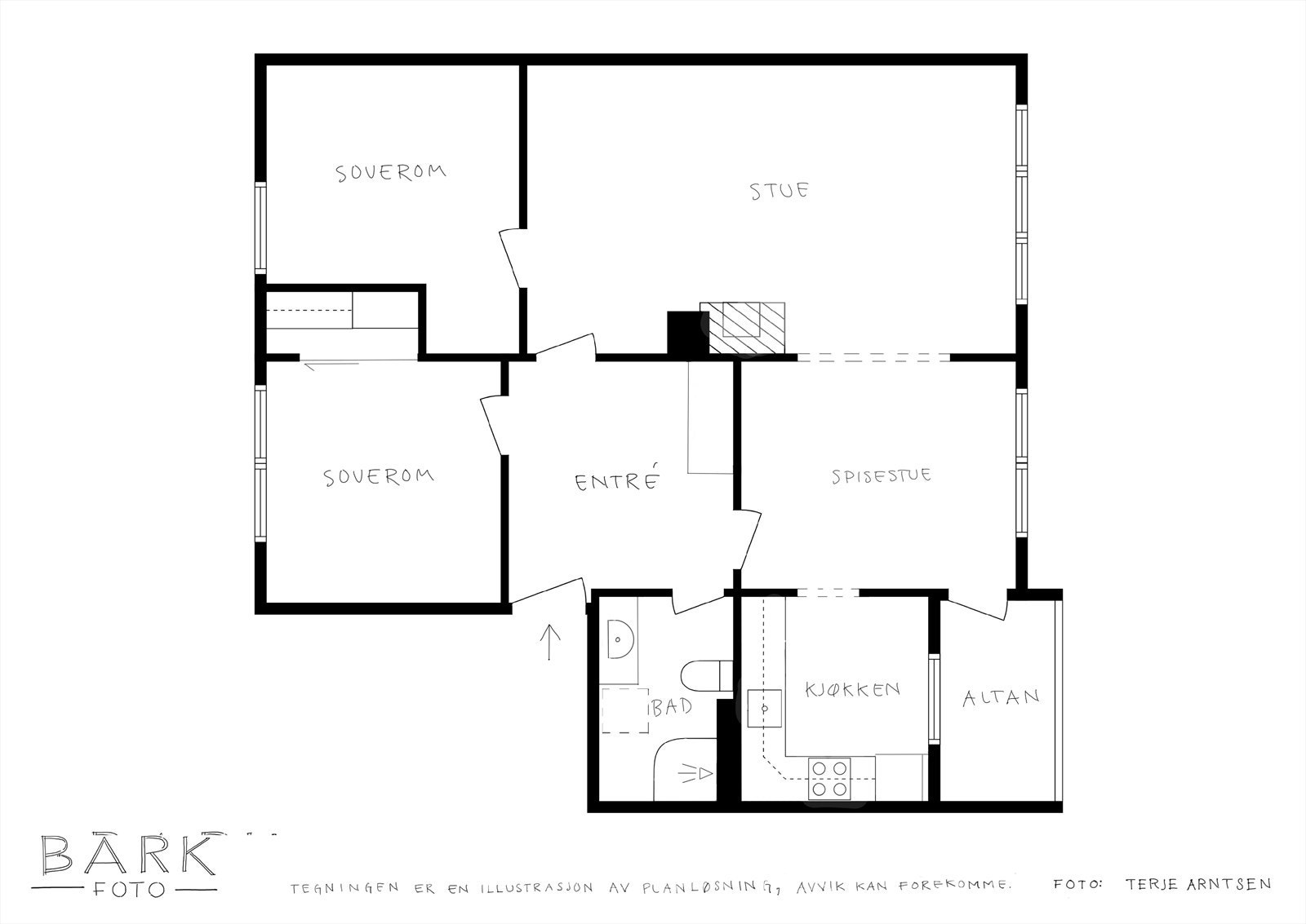 Plantegning 2D. Soverommet med 2 vinduer er originalt 2 soverom. Galleribilde