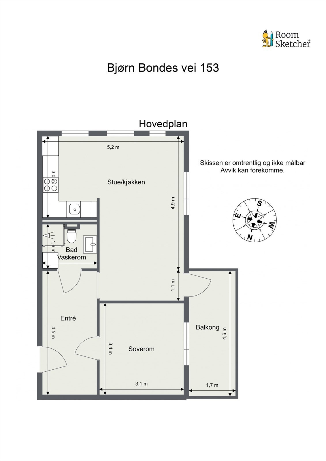 Praktisk planløsning med ett soverom og balkong. Galleribilde