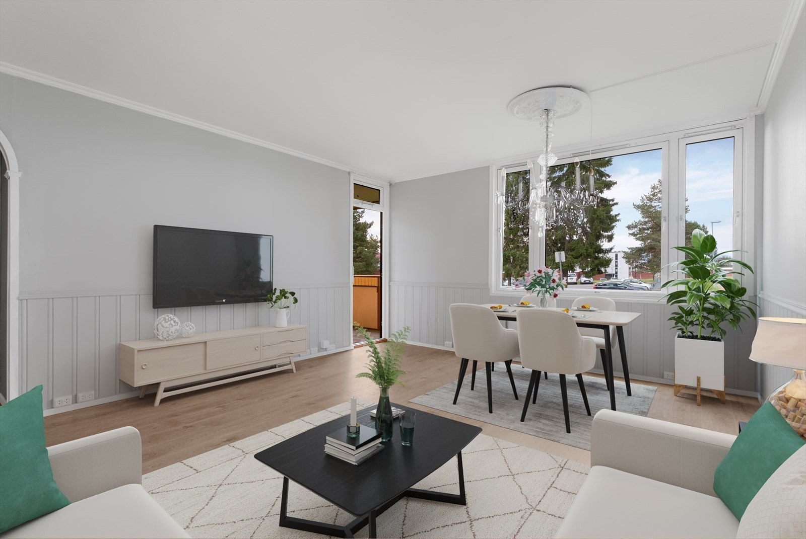 Romslig stue med plass for både sitte og spisegruppe. Utgang til egen veranda. (redigert foto) Galleribilde