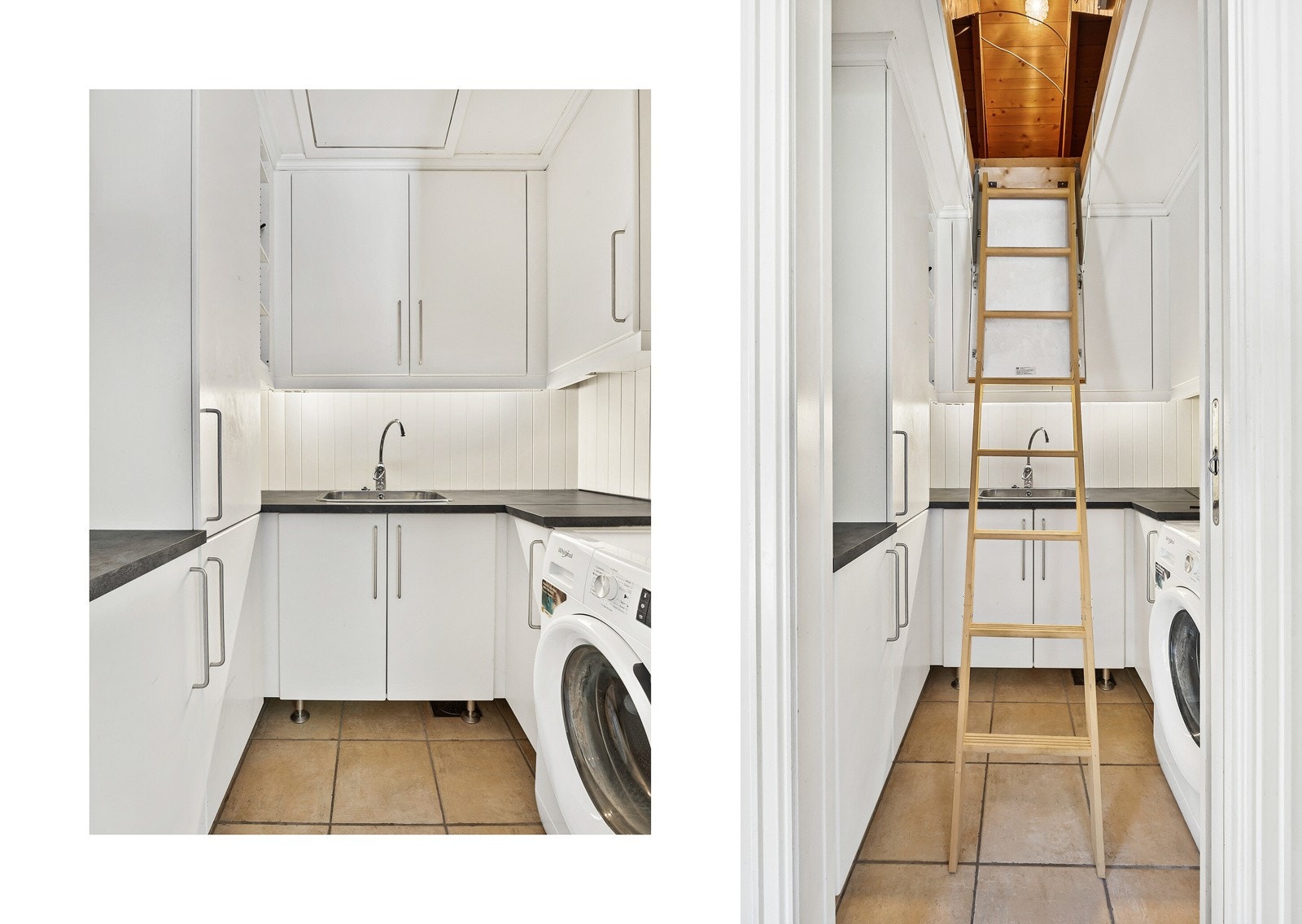 Vaskerommet har praktisk innredning og opplegg for vaskemaskin. Det er loftsluke med nedfellbar stige. Galleribilde