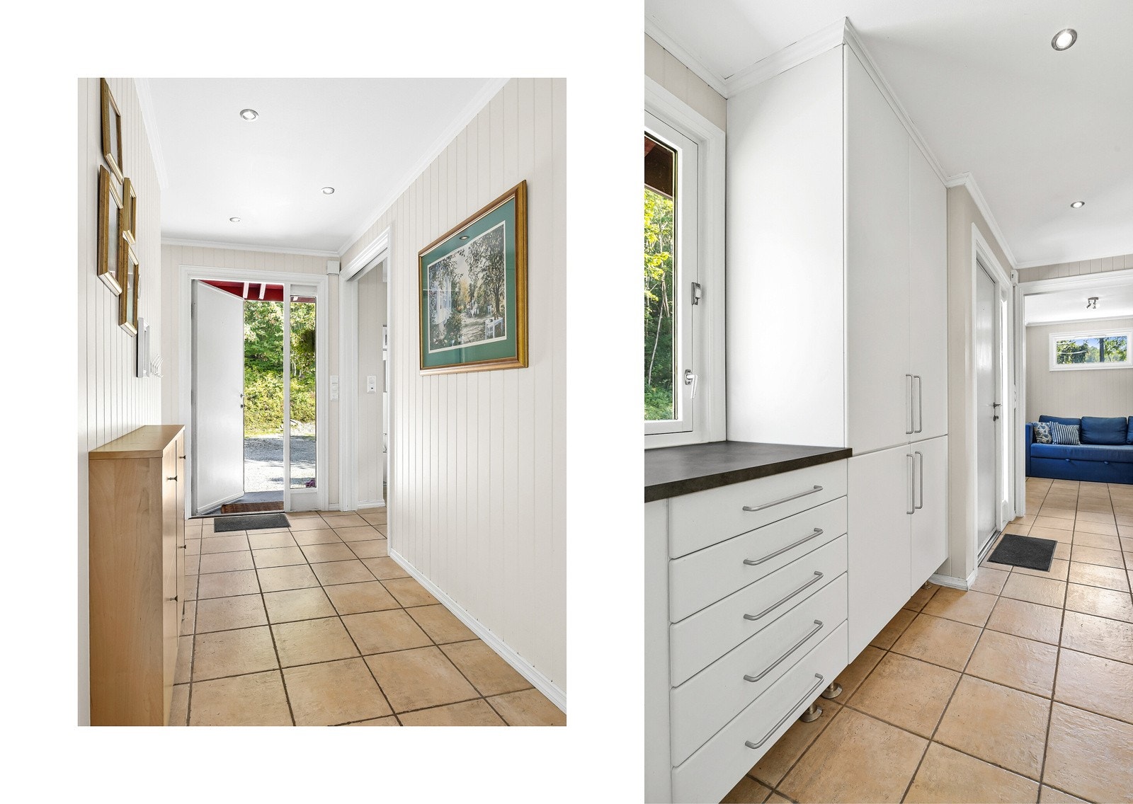 Entré og gang med flislagt gulv som tåler mye slitasje. Det er varme i alle gulv, unntatt de tre soverommene Galleribilde