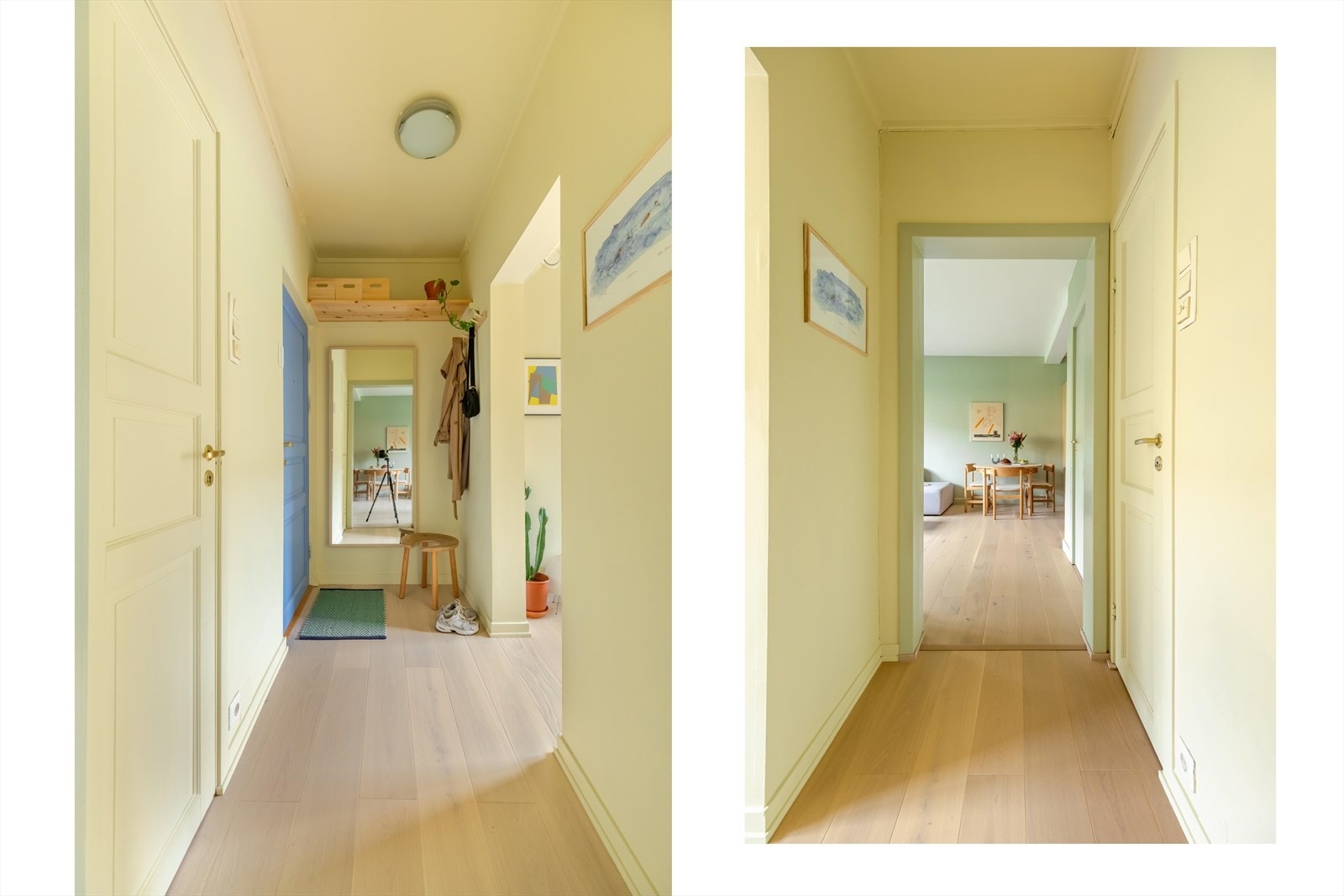 Entréen er malt i samme farge som soverom, og inngangsdøren er i den dype blåfargen devoted blue som setter et livlig preg på rommet. Her er det god plass for sko- og yttertøy. Inngangspartiet binder sammen leiligheten på en fin måte. Galleribilde